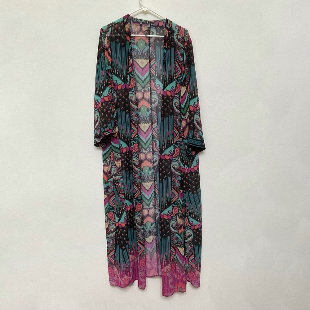 Boho Patterned Long Open-Front Cardigan Sweater - Pink/Teal